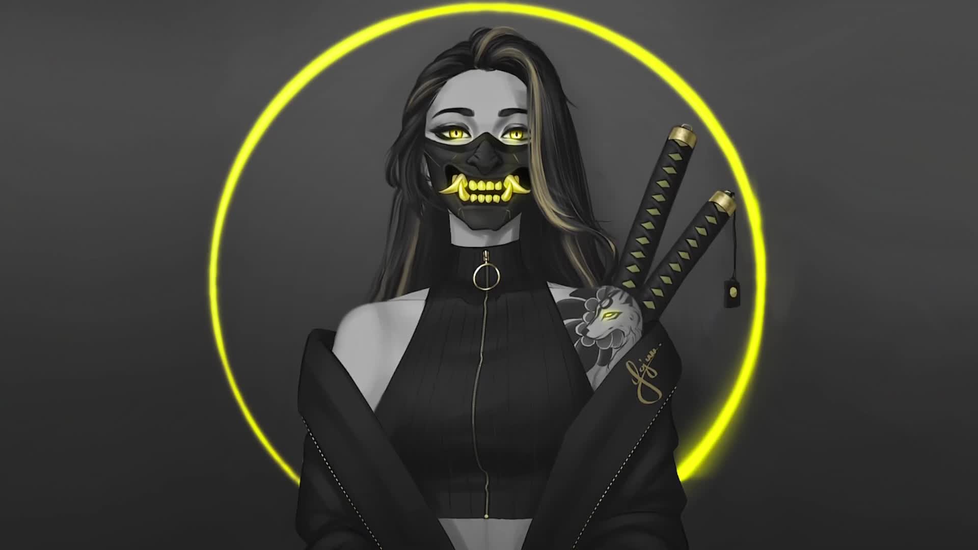 1920x1080 Ninja Girl with Oni mask Live Wallpaper For PC Live Wallpaper
