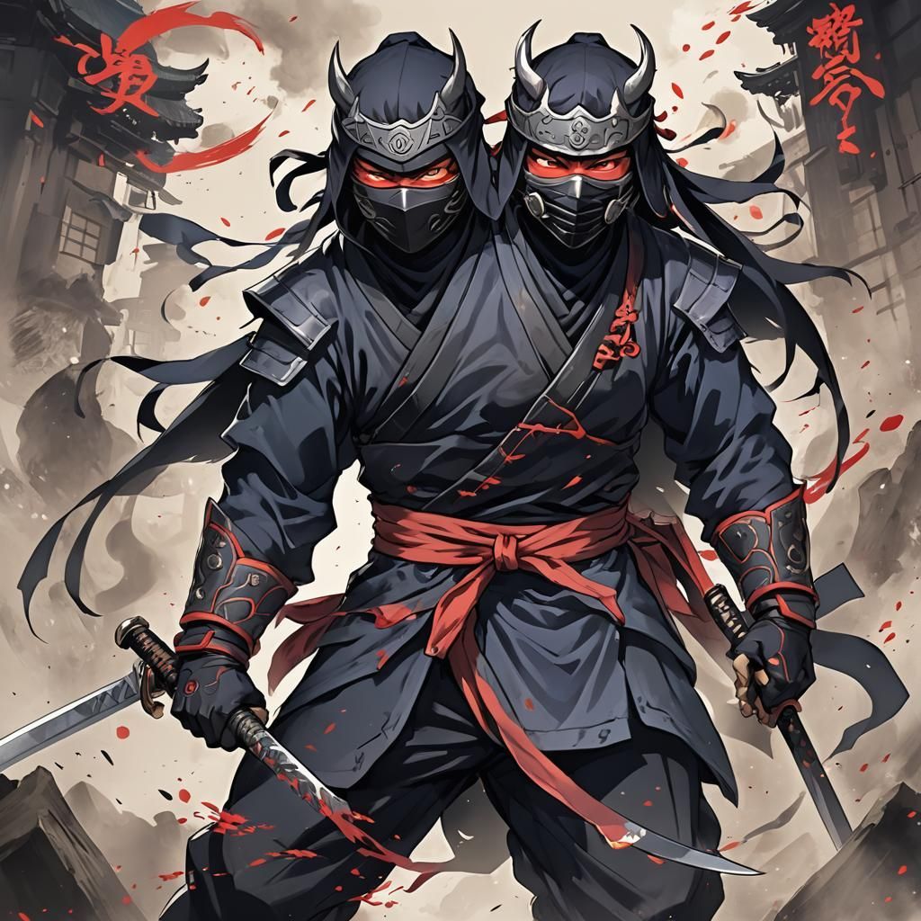 1024x1024 ninja with oni mask with Oni Mask in Anime Style