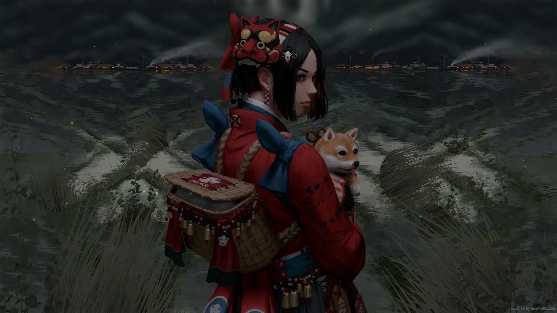 1920x1080 Oni Ninja Fantasy Girl And Shiba Inu Live Wallpaper