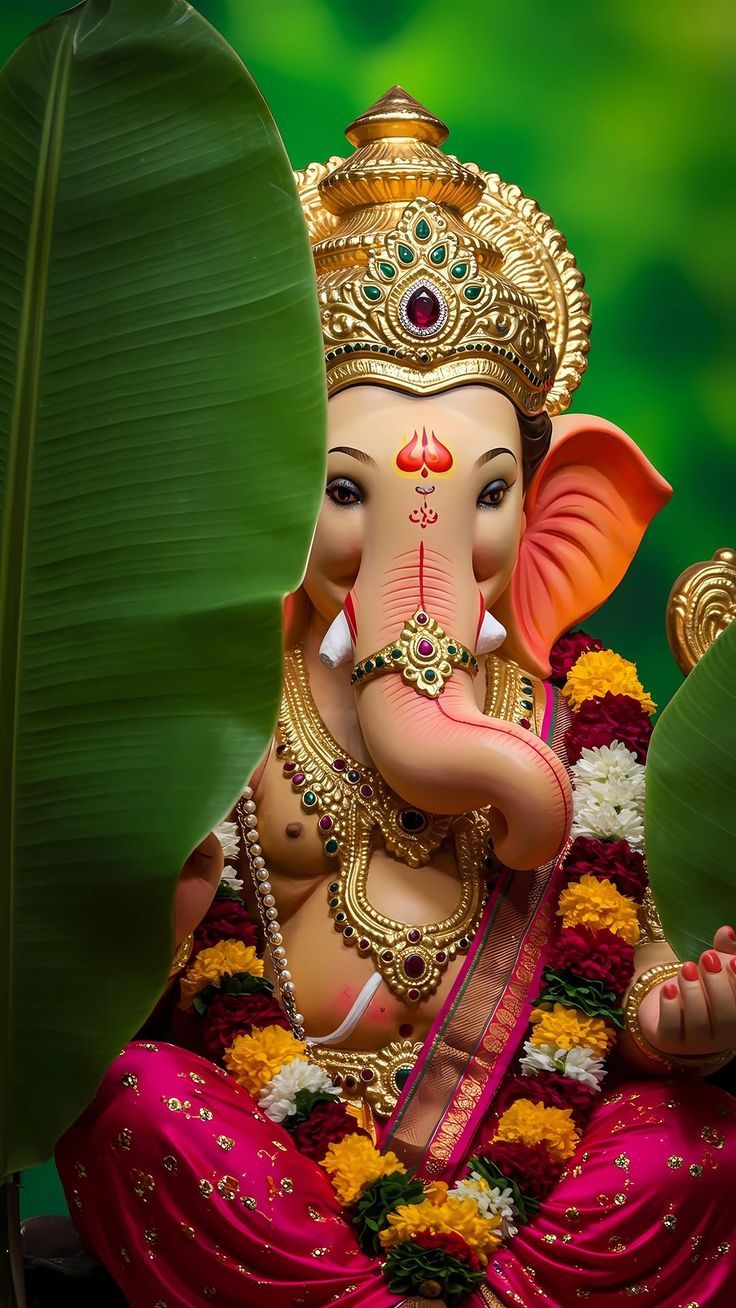 736x1308 Ganesha with green background with banana leaf. Ganesh ji image, Ganpati bappa wallpaper, Wallpaper background