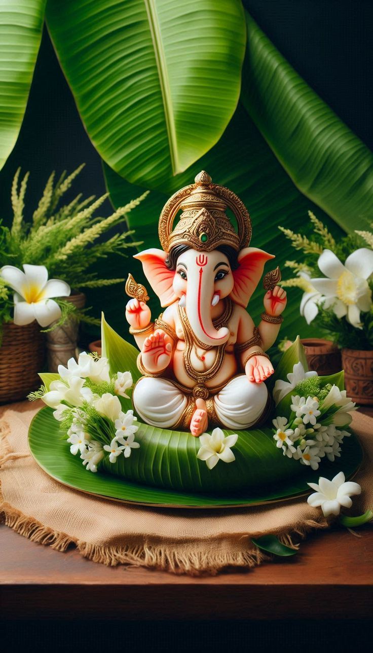 736x1288 Ganesh with leaves. Green ganesha wallpaper, Ganesha idol with flowers, HD image