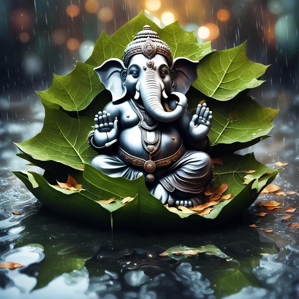 1024x1024 Ganesha in Leaf Boat on Rainy Day: Hyperrealistic