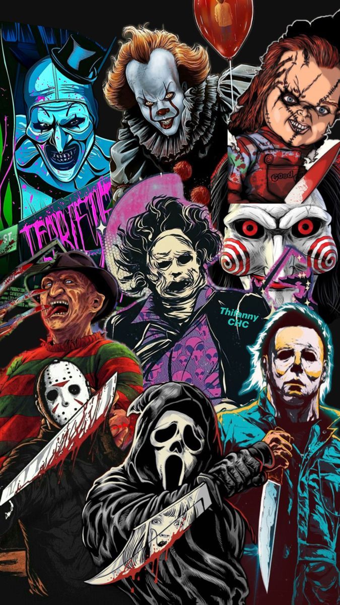 675x1200 Horror character collage. Halloween horror movie wallpaper, All the horror characters, Movie character wallpaper