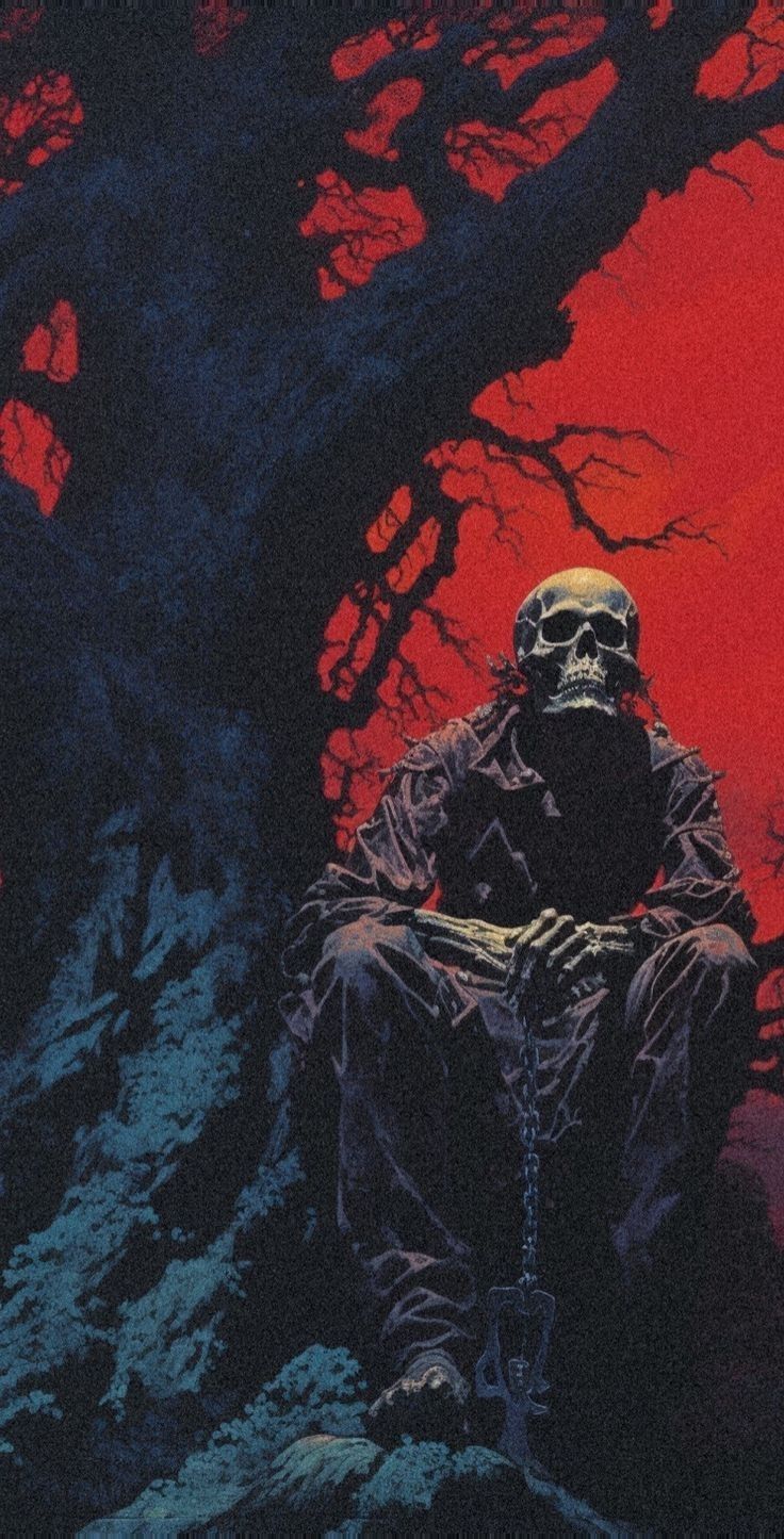 736x1445 Horror pulp art wallpaper. Inferno skeleton, Dark retro fantasy art, Macabre art