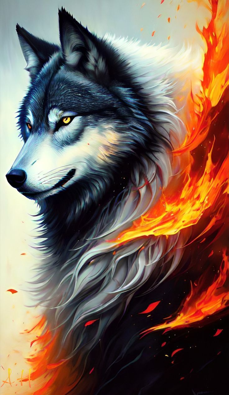 736x1271 Wolf painting with fiery background. Hayvan çizimi, Dekopaj resimleri