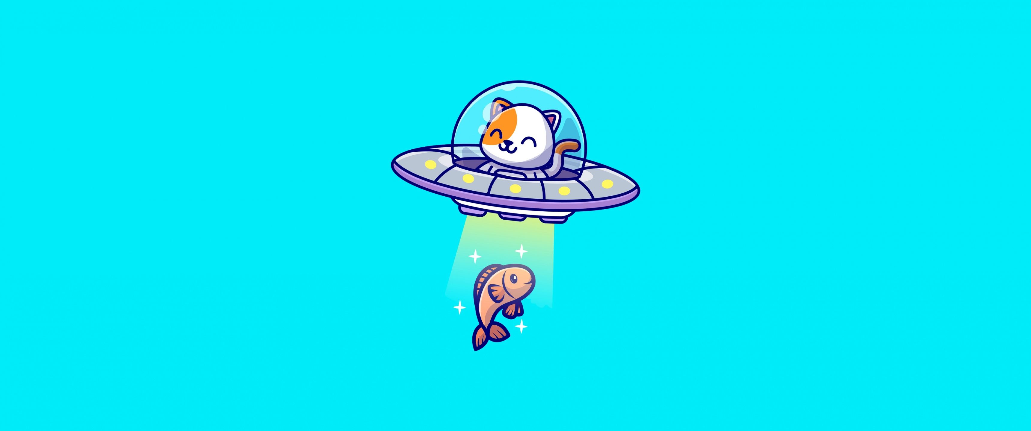 3440x1440 Cute Cat Wallpaper 4K, Flying cat, UFO, Fish, Spaceship