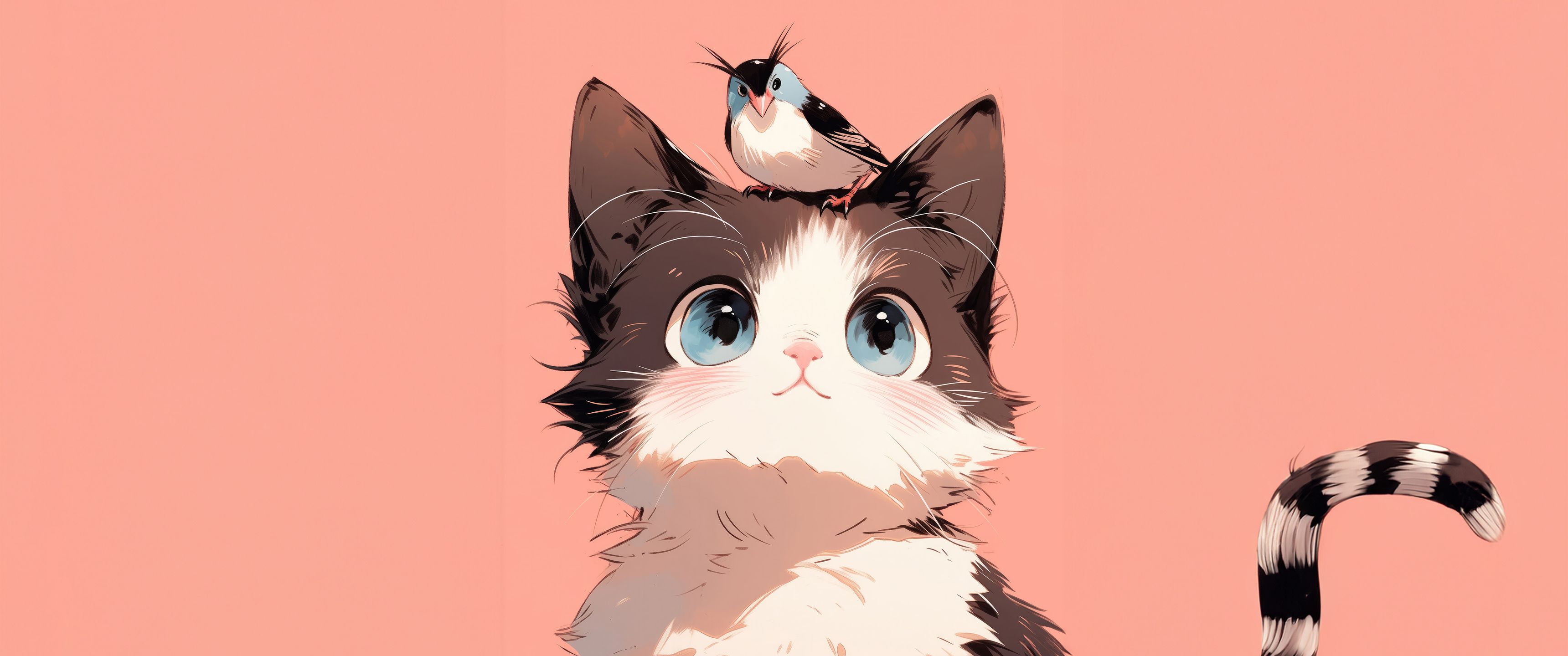 3440x1440 Bird Sitting On Cat Head Minimal Cute 5k UltraWide Quad HD 1440P , HD 4k Wallpaper, Image, Background, Photos and Picture