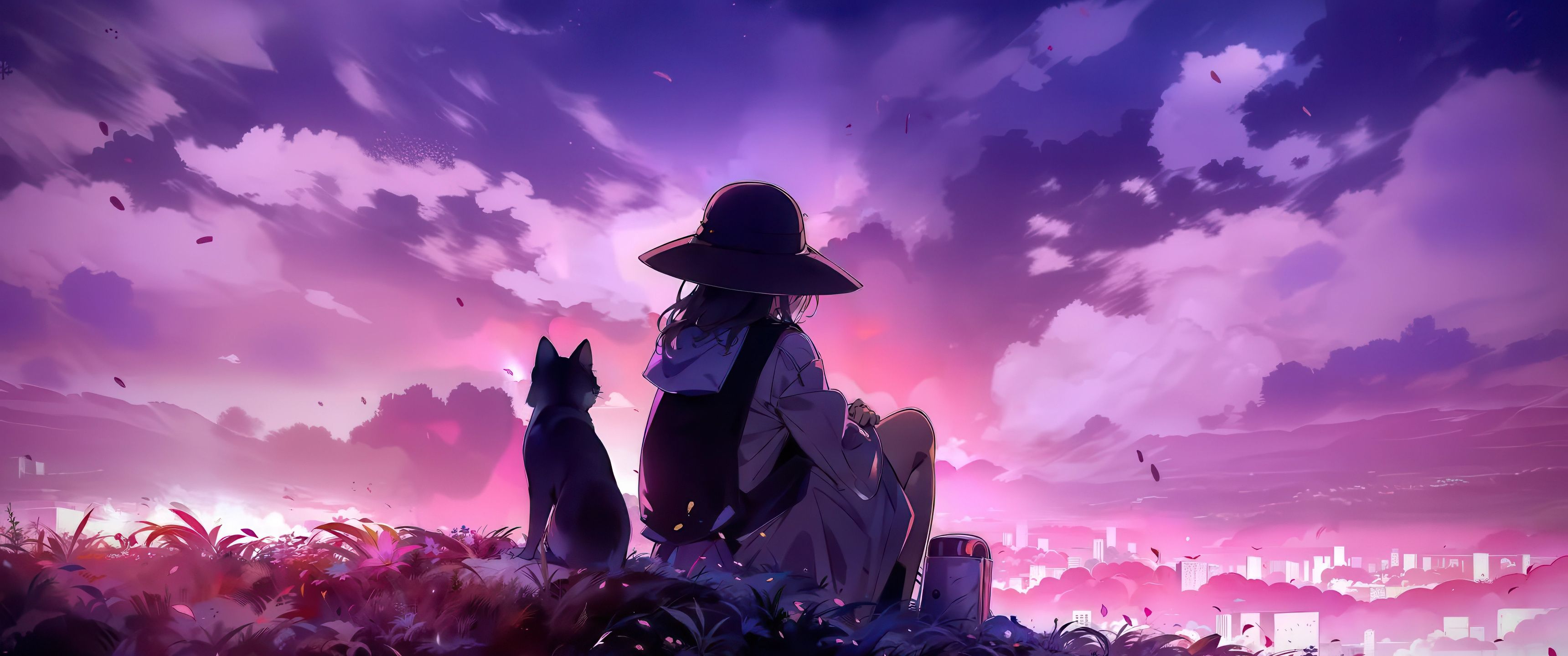 3440x1440 Anime Girl And Cat Watching The Sunset UltraWide Quad HD 1440P , HD 4k Wallpaper, Image, Background, Photos and Picture