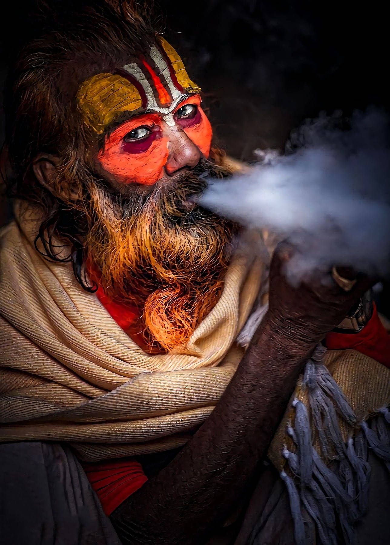 1288x1800 Download Face Painted Aghori Smoking Wallpaper