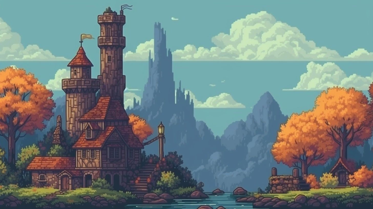 1456x816 Pixel Art Wizard Tower Background: RPG Desktop Art (PNG Digital Download)