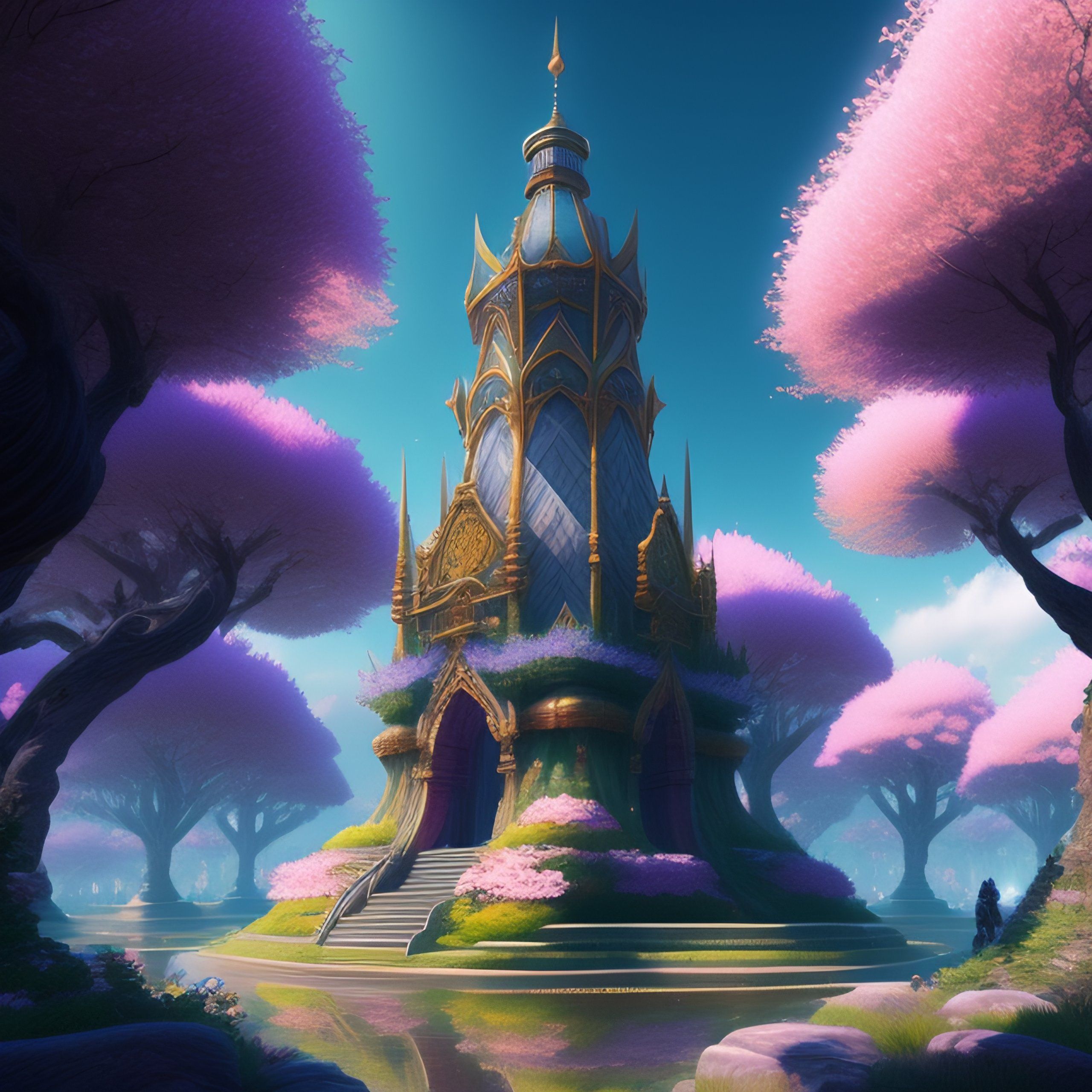 2560x2560 Lexica ancient wizard tower with sakura trees, cinematic highly detailed artstation hyperstylized illustrated by moebius and yoshitak