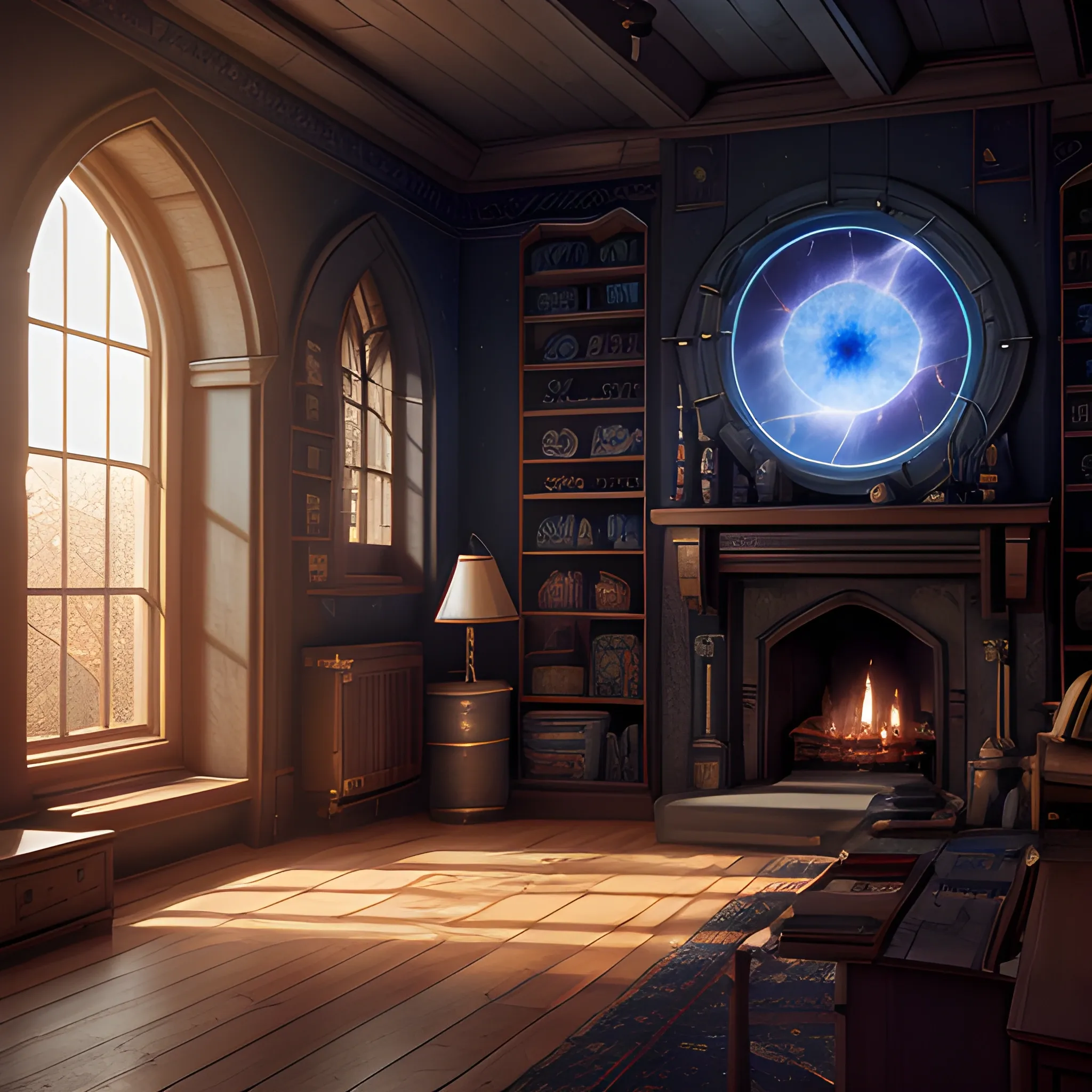 2048x2048 Interior of a wizard's astronomy tower set in a dark and moody lighting. Large windows and fireplace