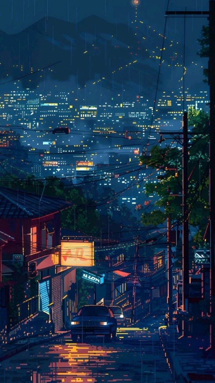 720x1280 Rainy City Street at Night. Cidades a noite, Ilustração de carro, Paisagem asiática
