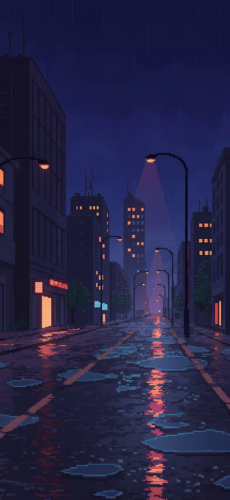 738x1600 Pixel Art Rainy City Night iPhone Wallpaper
