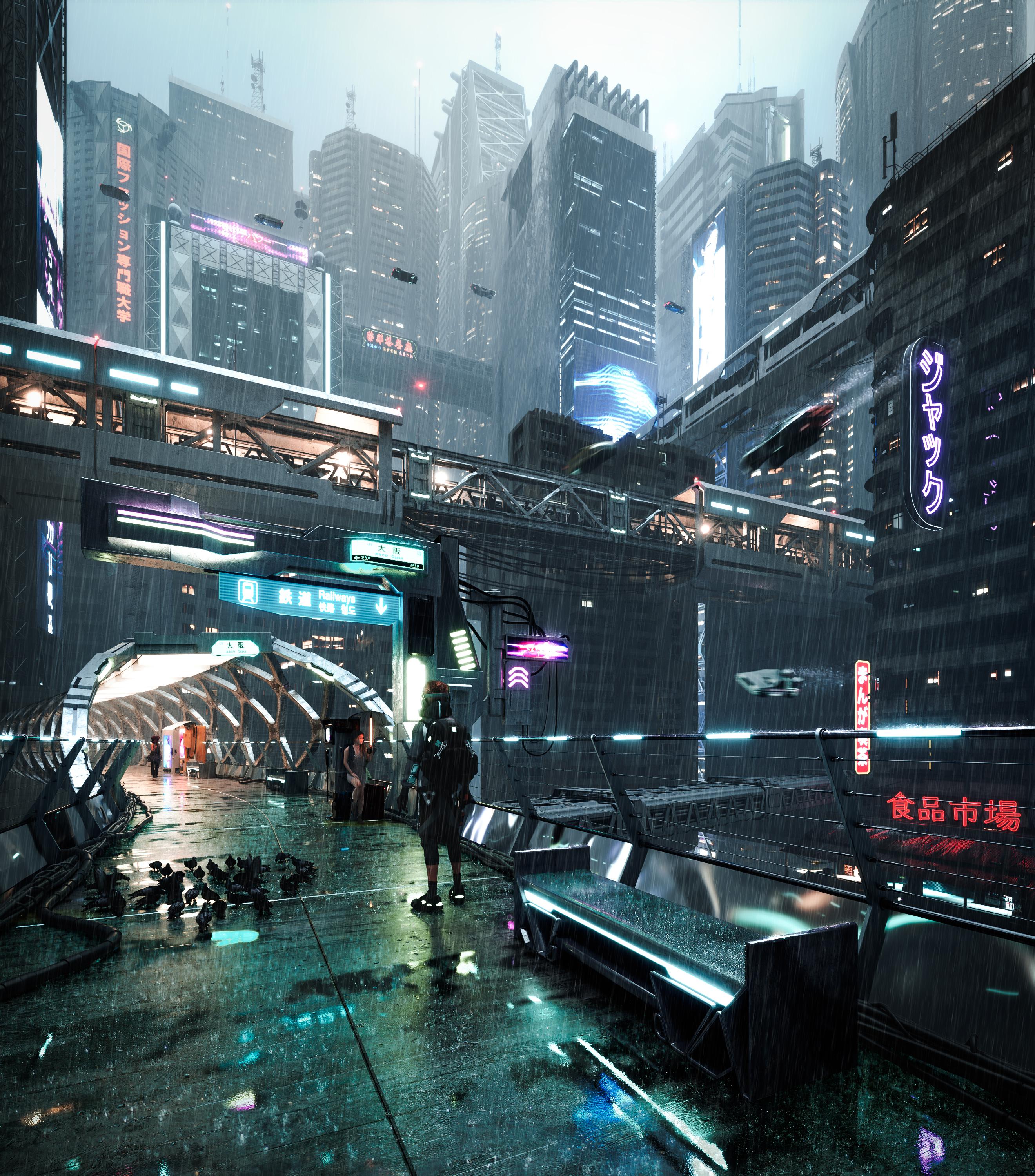 2640x3000 A cyberpunk rainy city I made recently
