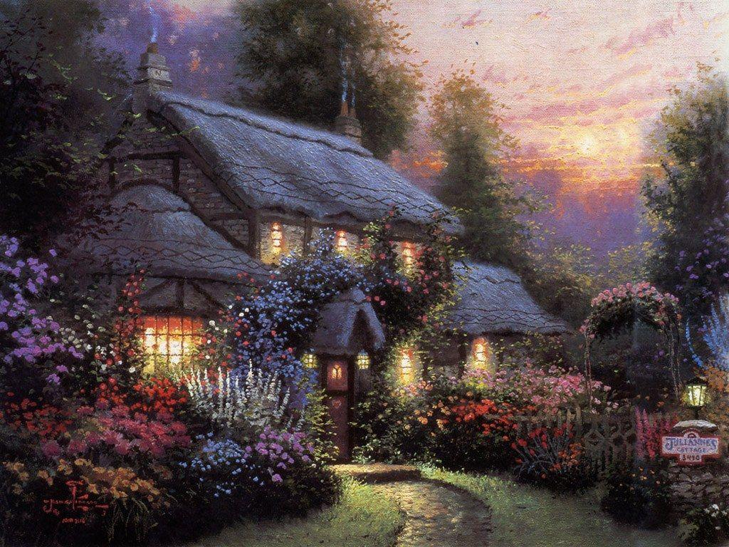 1024x768 Charming Cottages & Gardens Kinkade Art Painting Wallpaper 1024x768 NO.30 Desktop Wallpaper