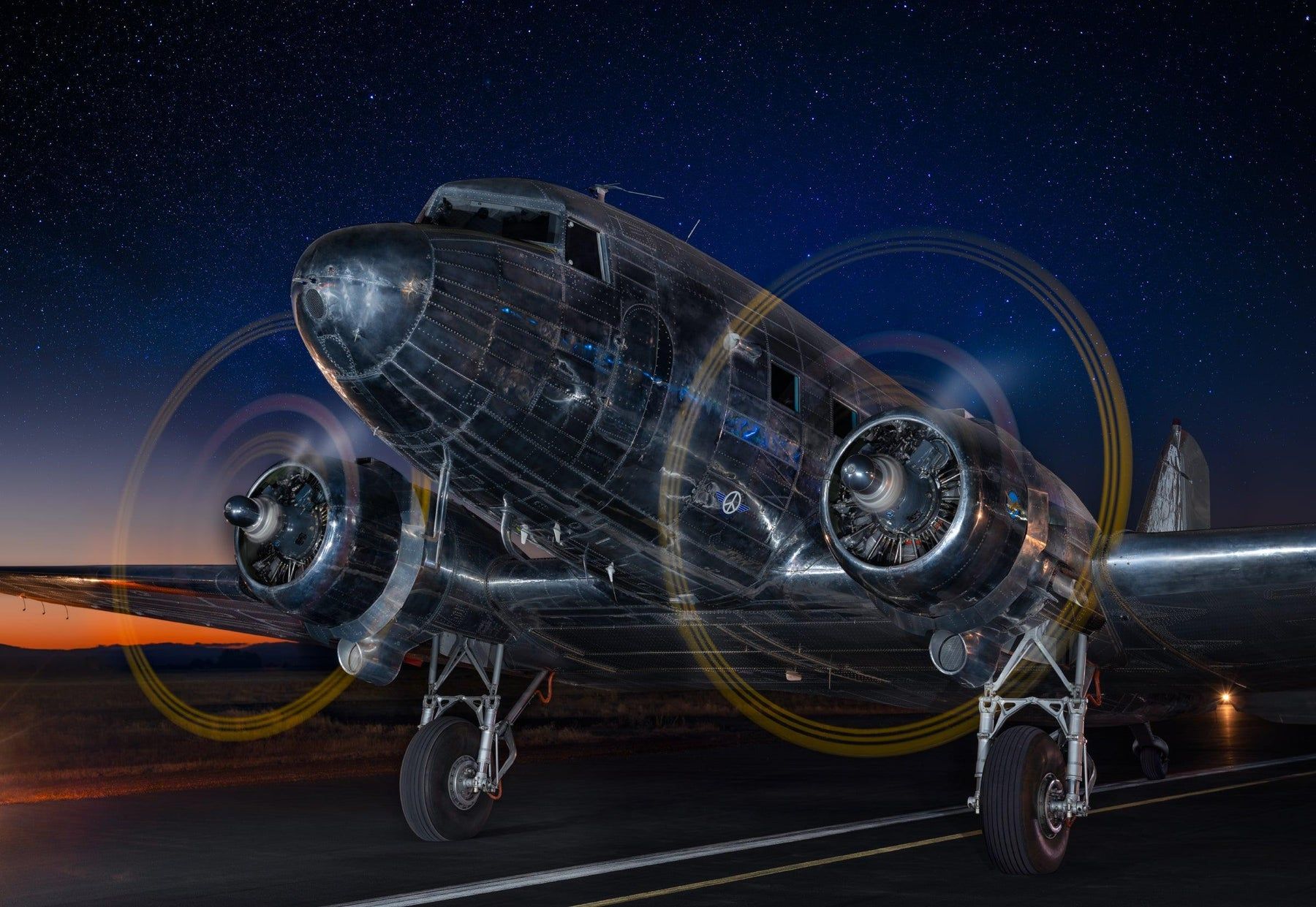 1800x1241 DC 3 Airplane At Night. Open Edition Print