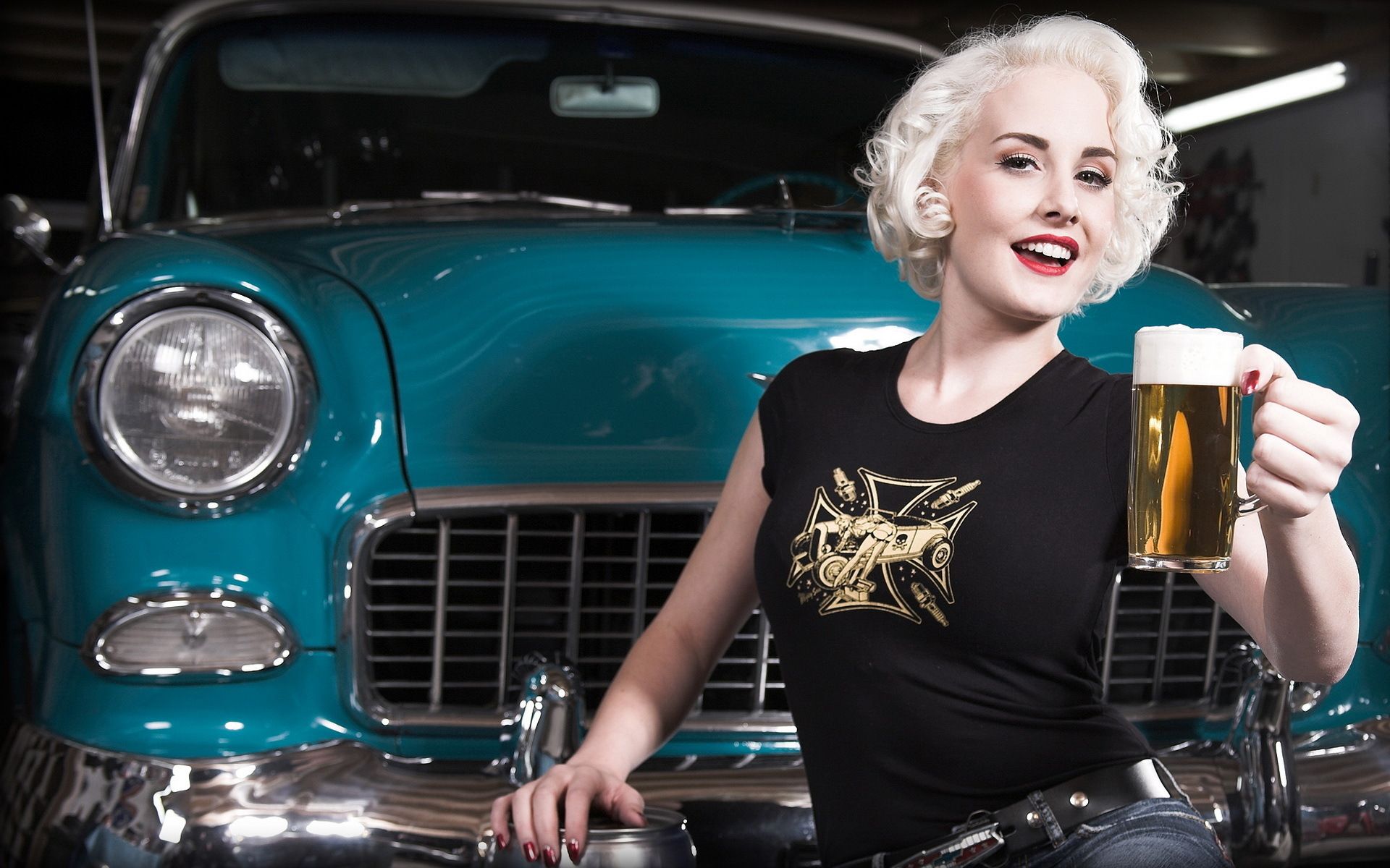 1920x1200 vehicles, Cars, Retro, Old, Classic, Muscle, Grill, Lights, Chrome, Blue, Chevy, Chevrolet, Women, Females, Girls, Models, Blondes, Face, Eyes, Expression, Smile, Beer, Drinks, Glass, Cup, Pose, Style Wallpaper HD / Desktop and