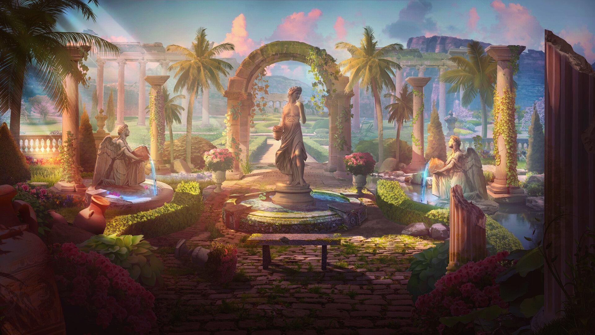 1920x1080 Fantasy Art Statue Palm Trees Garden Wallpaper:1920x1080