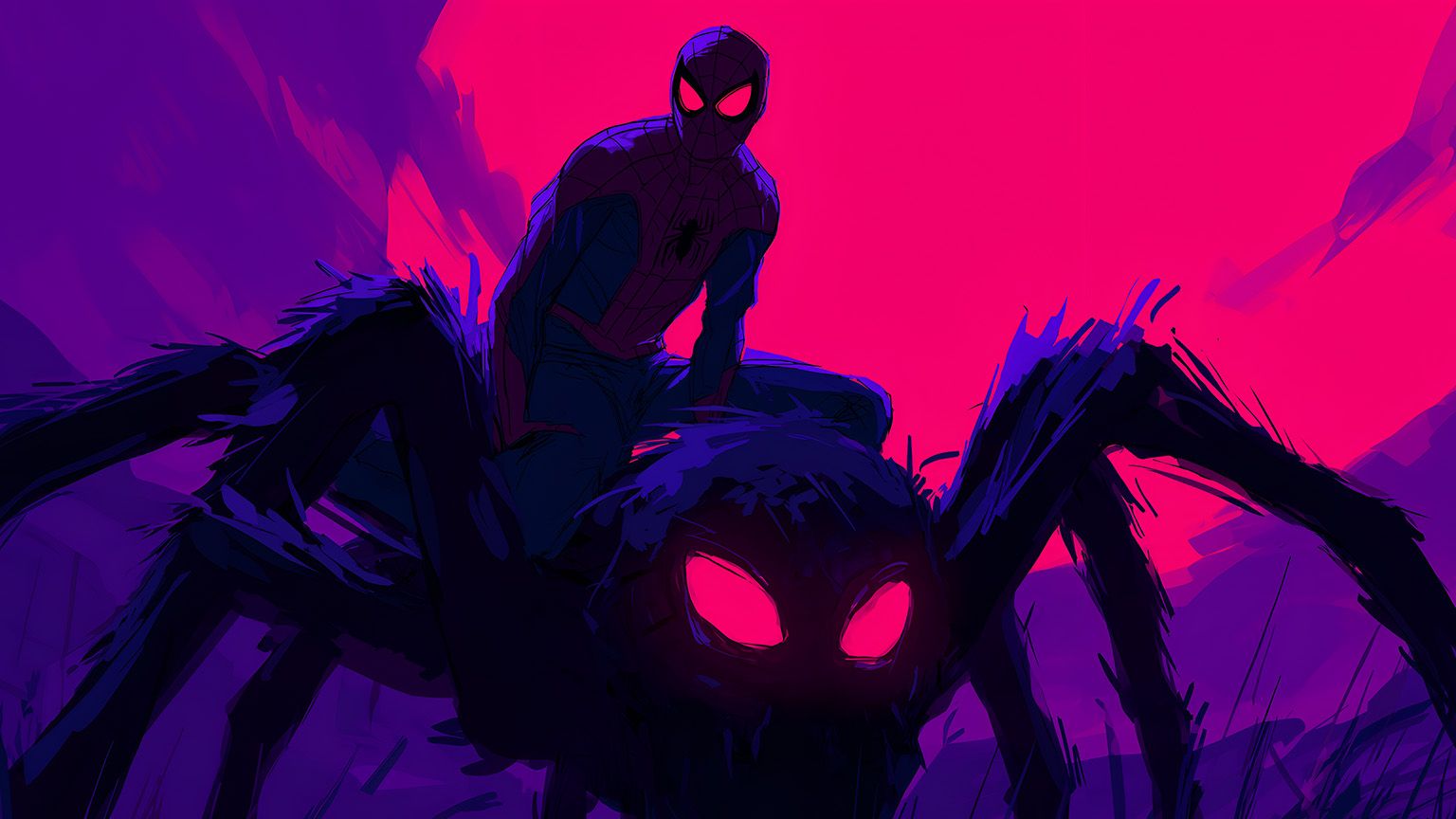 1536x864 Halloween Spiderman Riding Giant Spider Neon Glow Wallpaper