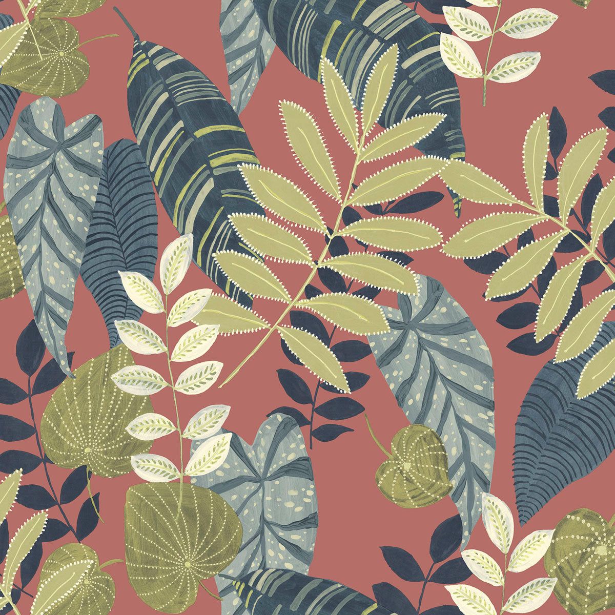 1200x1200 SEABROOK WALLPAPER TROPICANA LEAVES REDWOOD, OLIVE, AND WASHED DENIM RY30906