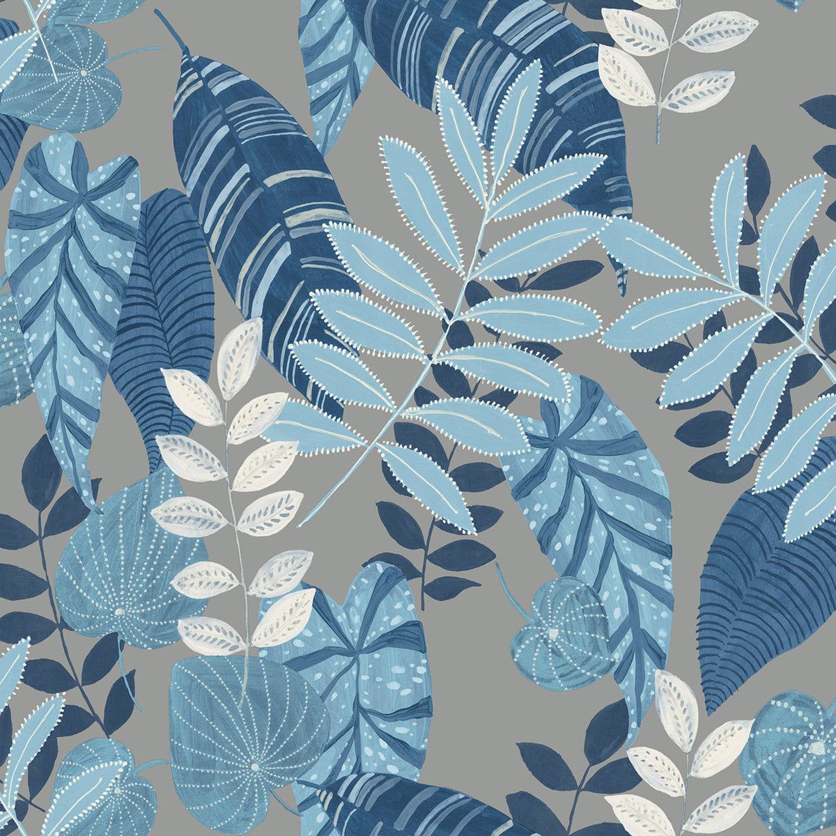1200x1200 SEABROOK WALLPAPER TROPICANA LEAVES METALLIC GRAY, SKY BLUE, AND CHAMPLAIN RY30912