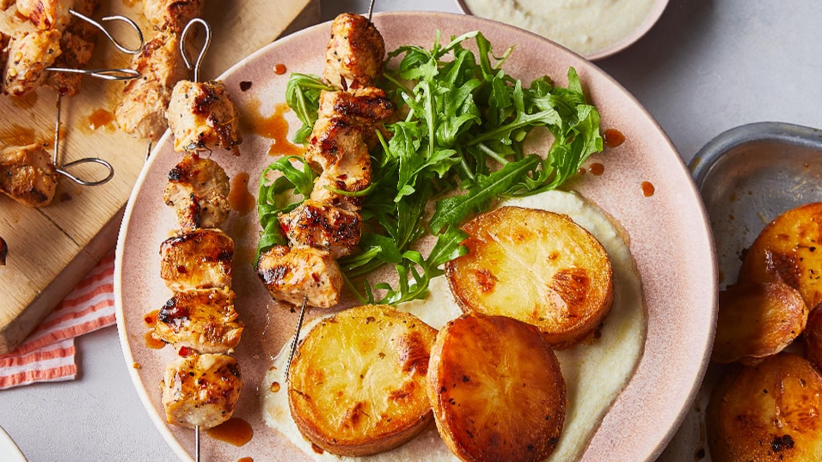 1600x900 Chicken Skewers With Lemon Roasted Potatoes And Whipped Feta