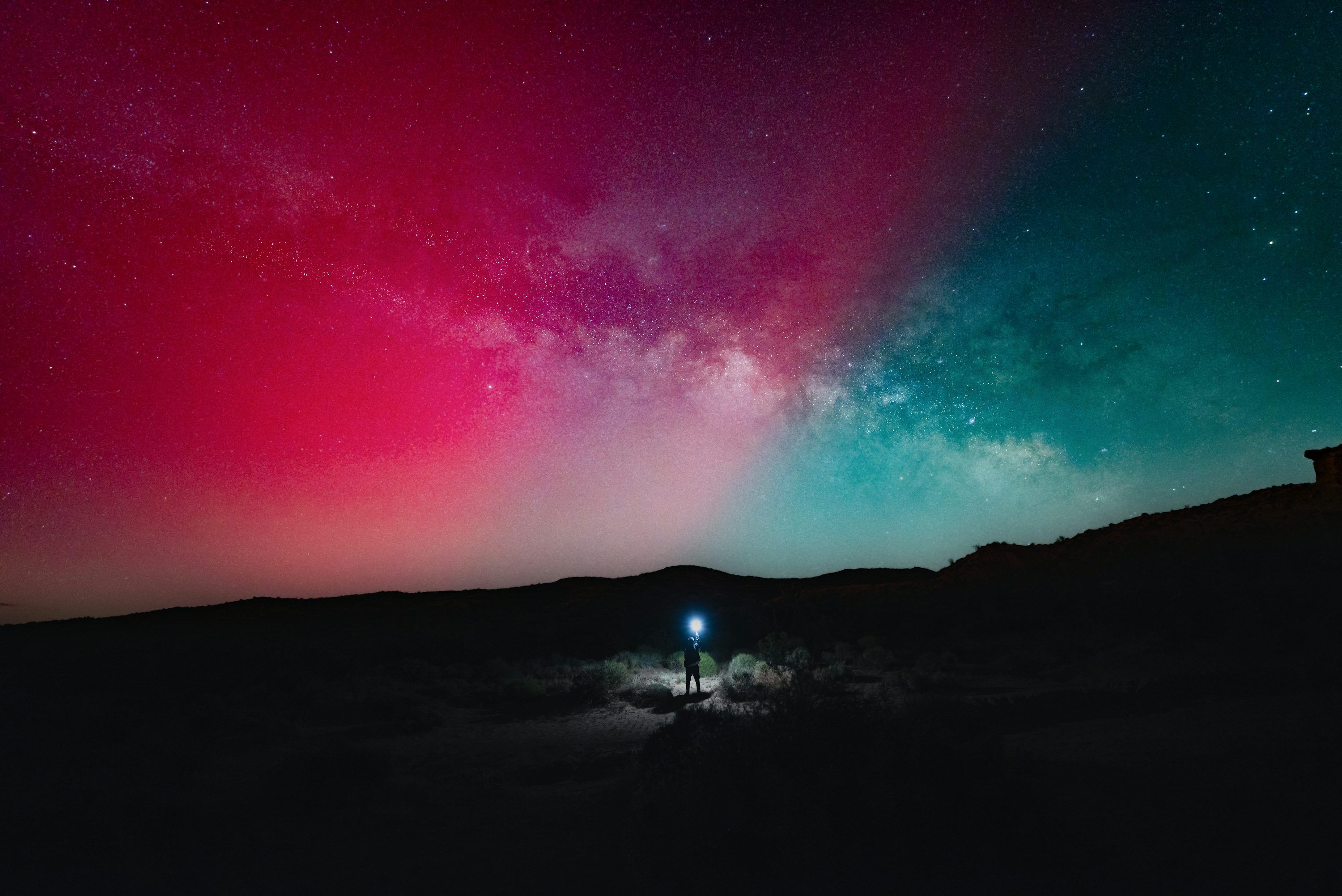3000x2003 A person standing in the middle of a field under a night sky filled with stars