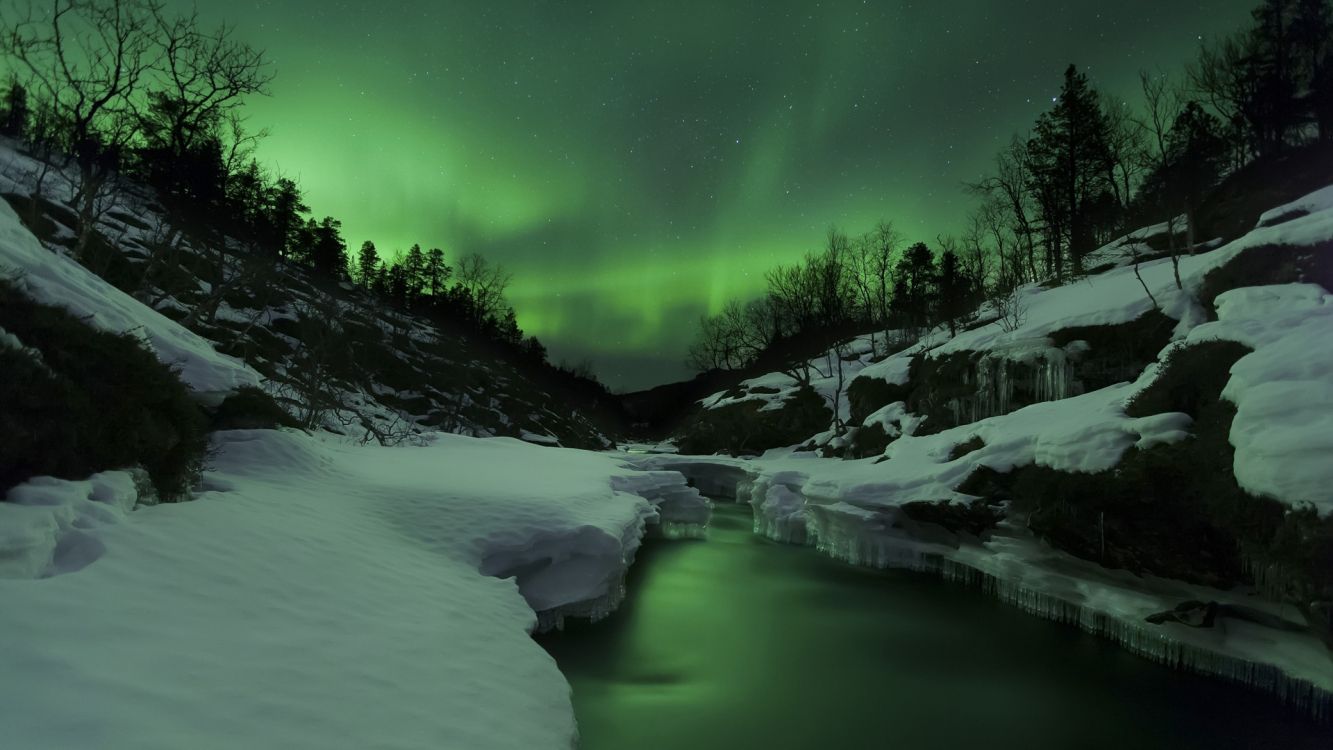 1333x750 Wallpaper Lake in The Middle of Snow Covered Field During Night Time, Background Free Image