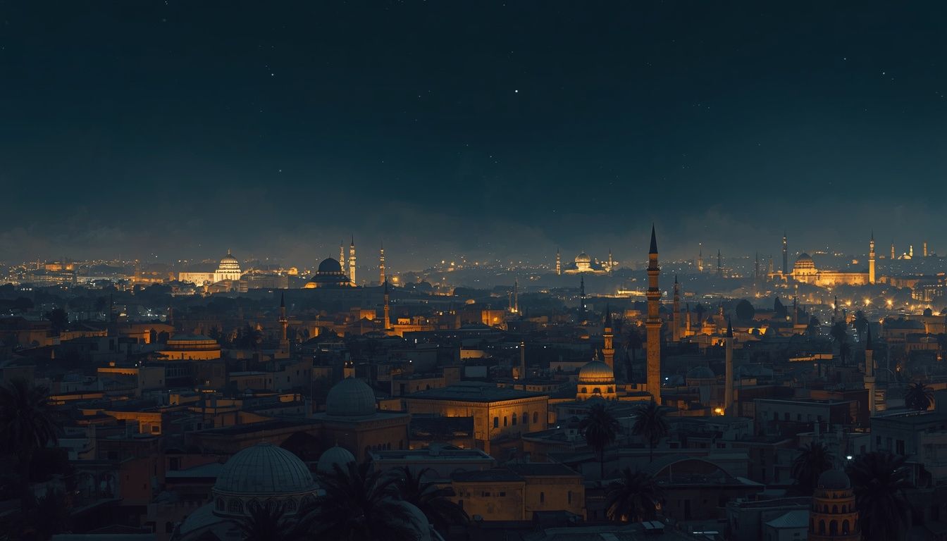 1344x768 ancient baghdad night viewed distant elevated