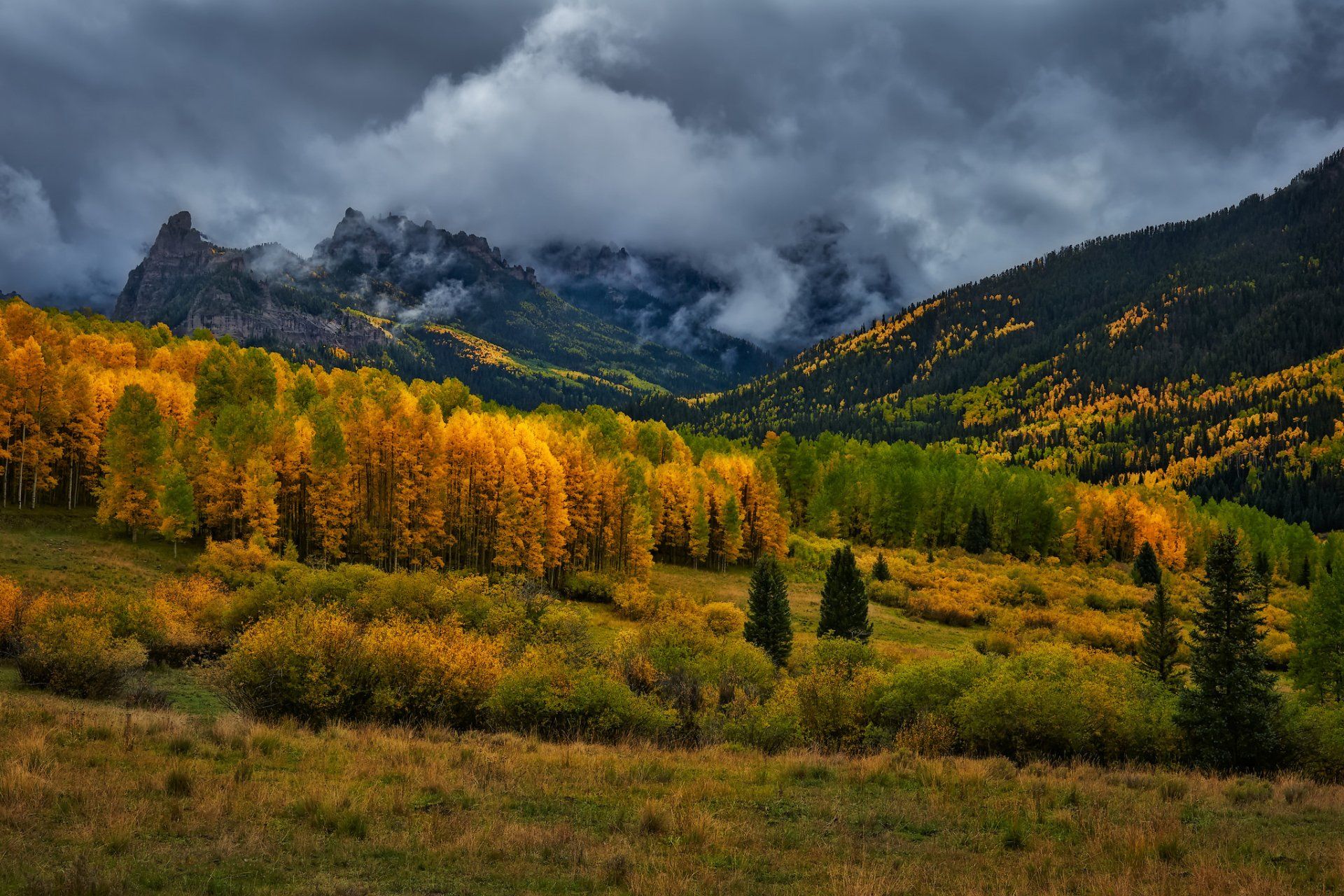 1920x1280 Colorado Fall Majesty: Cloud Kissed Mountain Forest Landscape HD Wallpaperx1365