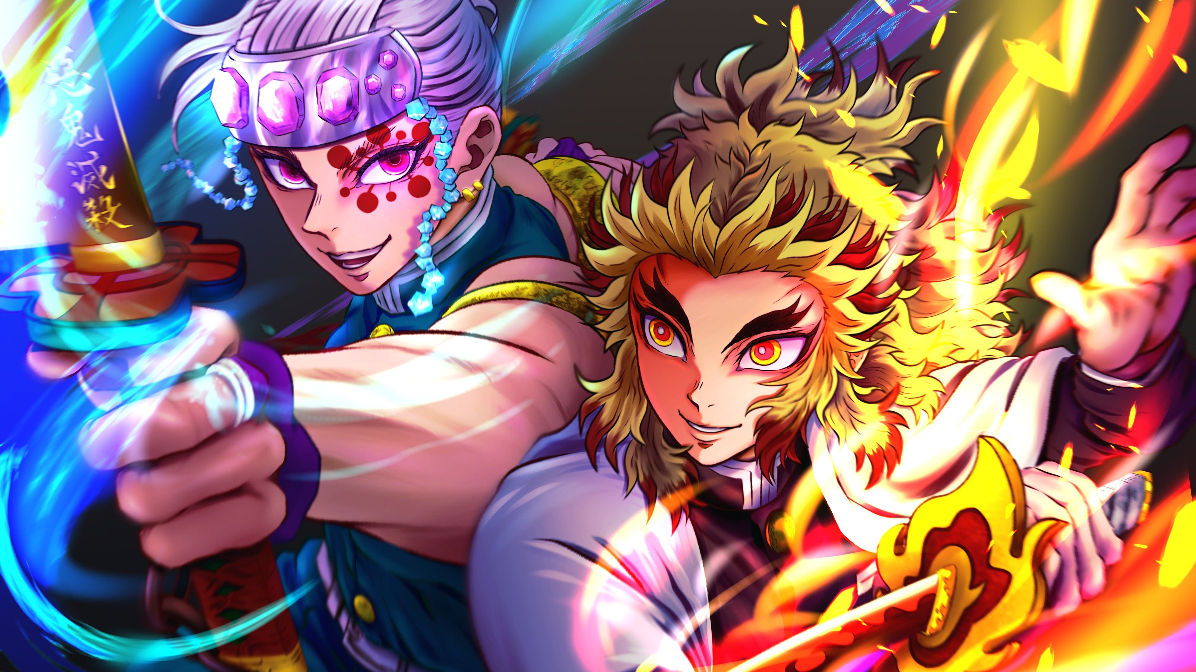3840x2160 Kyojuro Rengoku Tengen Uzui 4K HD Demon Slayer Kimetsu no Yaiba Wallpaper