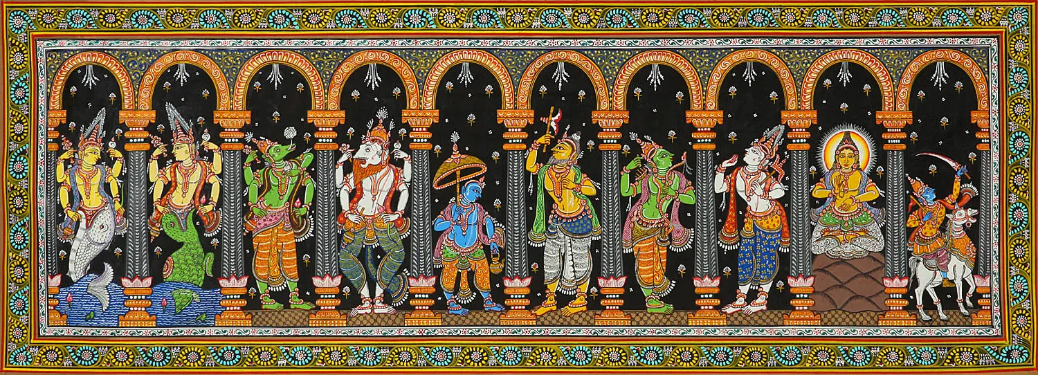 1500x542 Dashavatara Panel: Ten Incarnations of Vishnu (From Left, Kurma, Varaha, Narasimha, Vaman, Parashurama, Rama, Balarama, Buddha and Kalki)