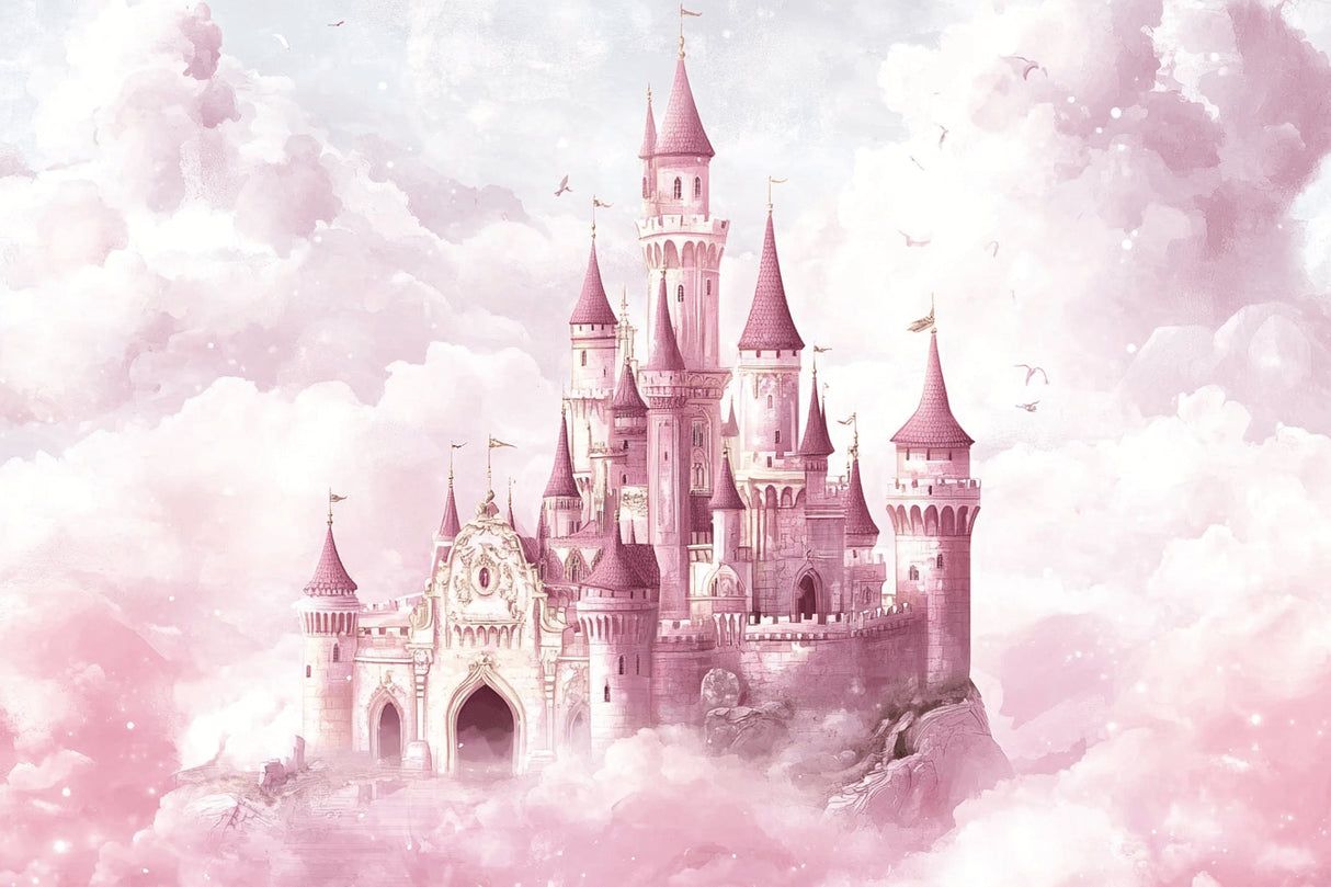 1214x809 Princess Castle Mural Wallpaper. Dreamy Pink Fantasy Palace