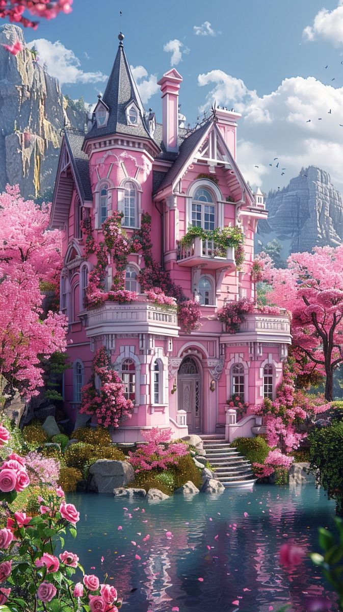 673x1200 Whimsical Pink House with Flowers. Enchanted pink castle, Fairytale wedding venue ideas, Fantasy garden landscape