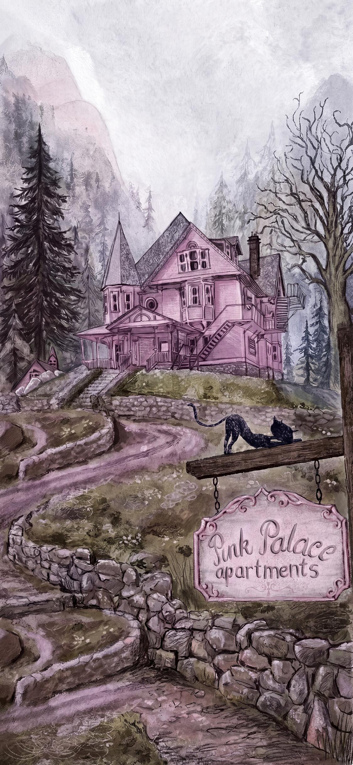 1125x2436 Coraline's Spooky Pink Palace Wallpaper
