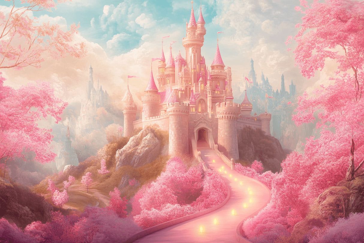 1214x809 Princess Castle Mural Wallpaper. Enchanted Pink Palace with Blooming Cherry Trees