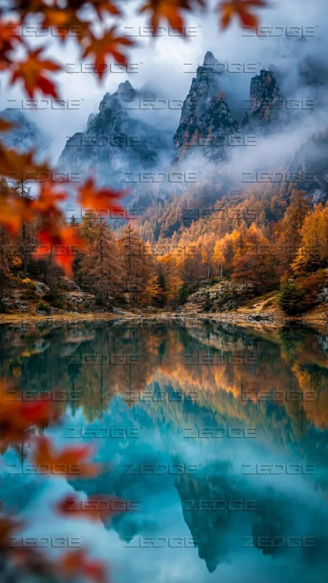 674x1198 Misty Autumn Mountain Lake Mirror Reflection Golden Forest Serene wallpaper