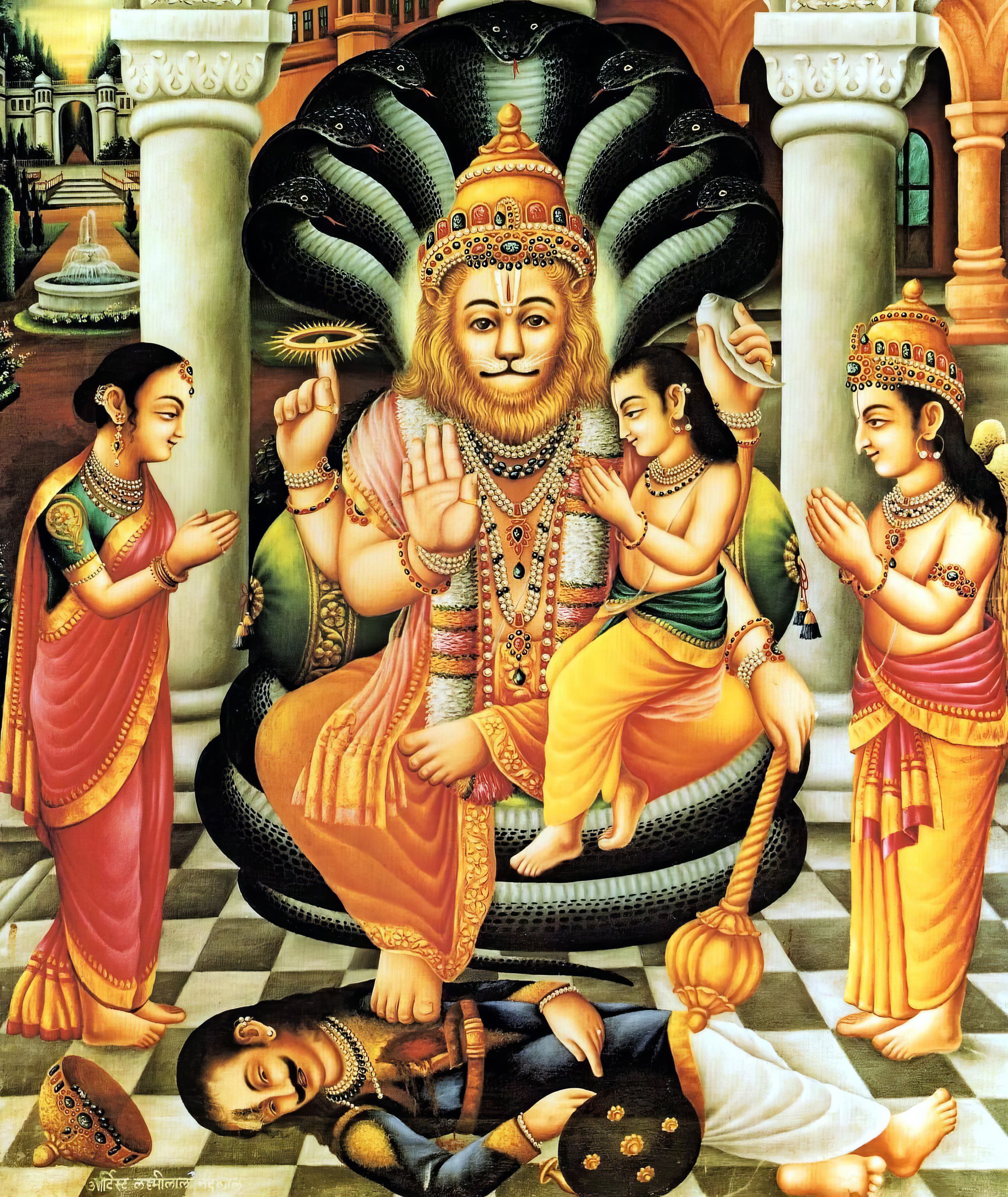 2880x3418 Painting of Sri Narasimha with Prahlada and Lakshmi Devi