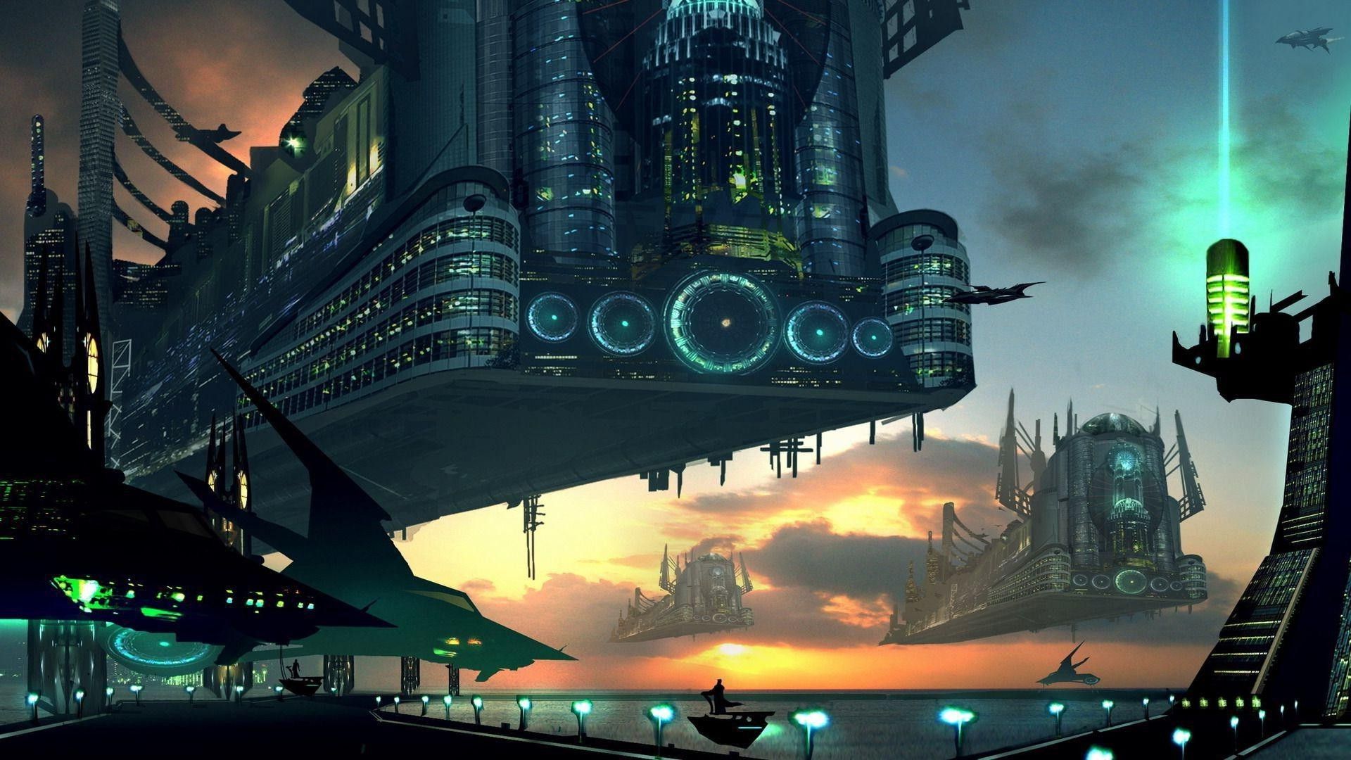 1920x1080 fantasy Art, Digital Art, Futuristic, Spaceship, Science Fiction, Sea, Clouds, Sunset, Lights, Machine Wallpaper HD / Desktop and Mobile Background