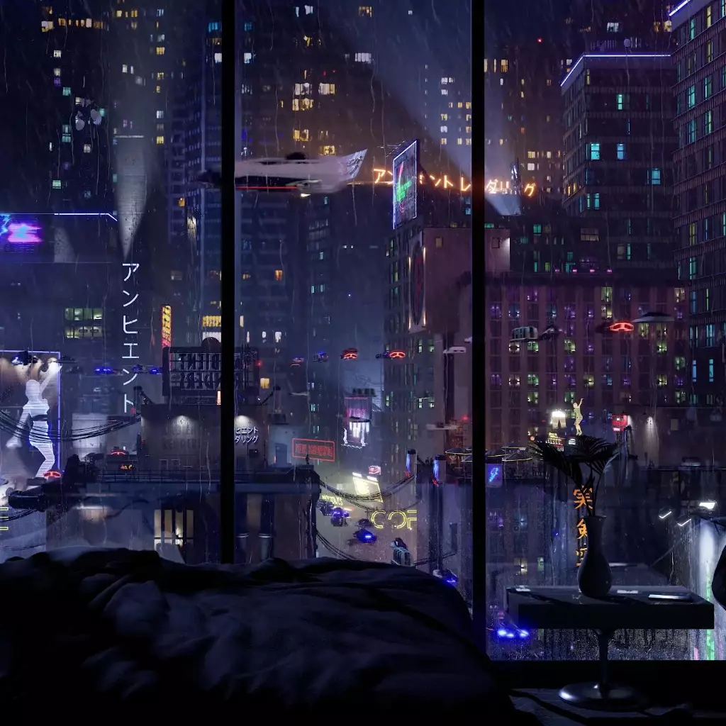 1024x1024 Live wallpaper Tokyo CyberPunk City Ambience Rain On Window download on