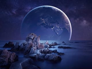 320x240 A fantastic landscape with a huge planet Earth rising above the night sea and cliffs. · 320x240 Cellphone free photo from n0mad and wallpaper
