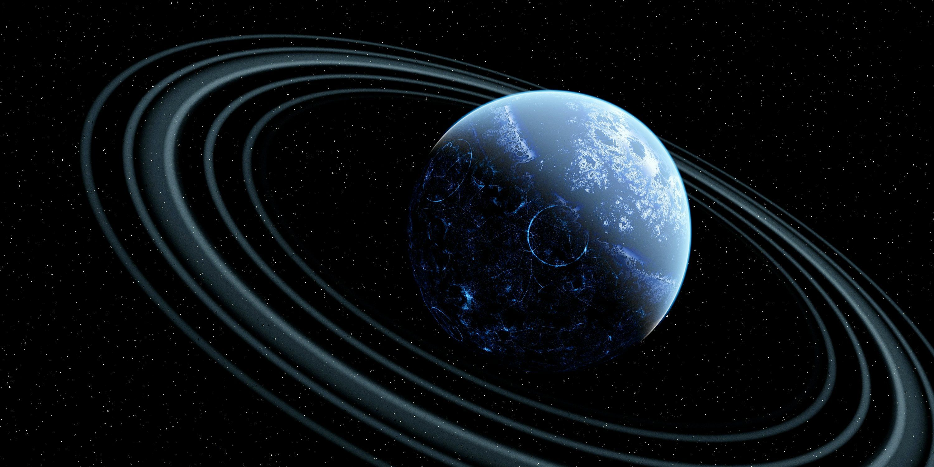 3000x1500 Blue planet with rings in outer space