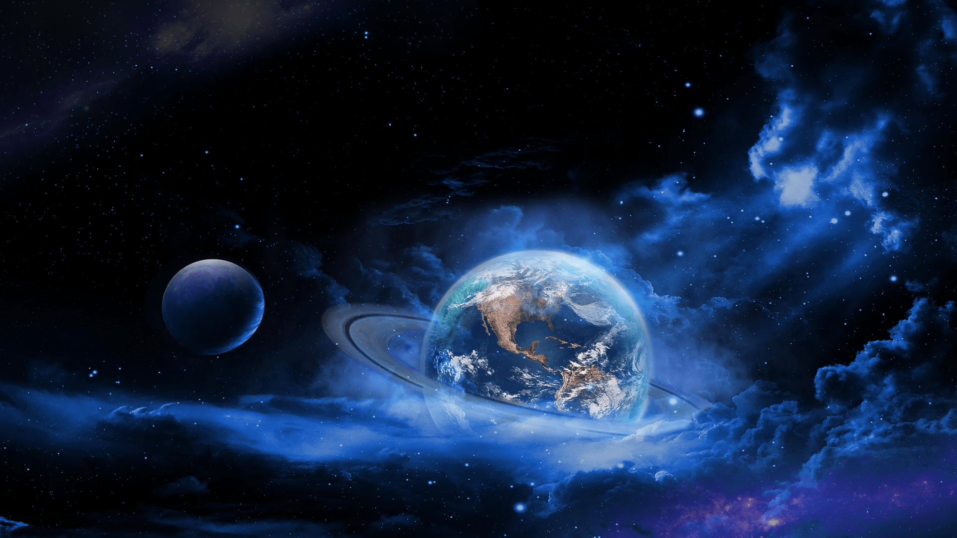 1920x1080 Cosmic Serenity: HD Wallpaper of Earth Amidst Planetary Rings and Nebulaex1080