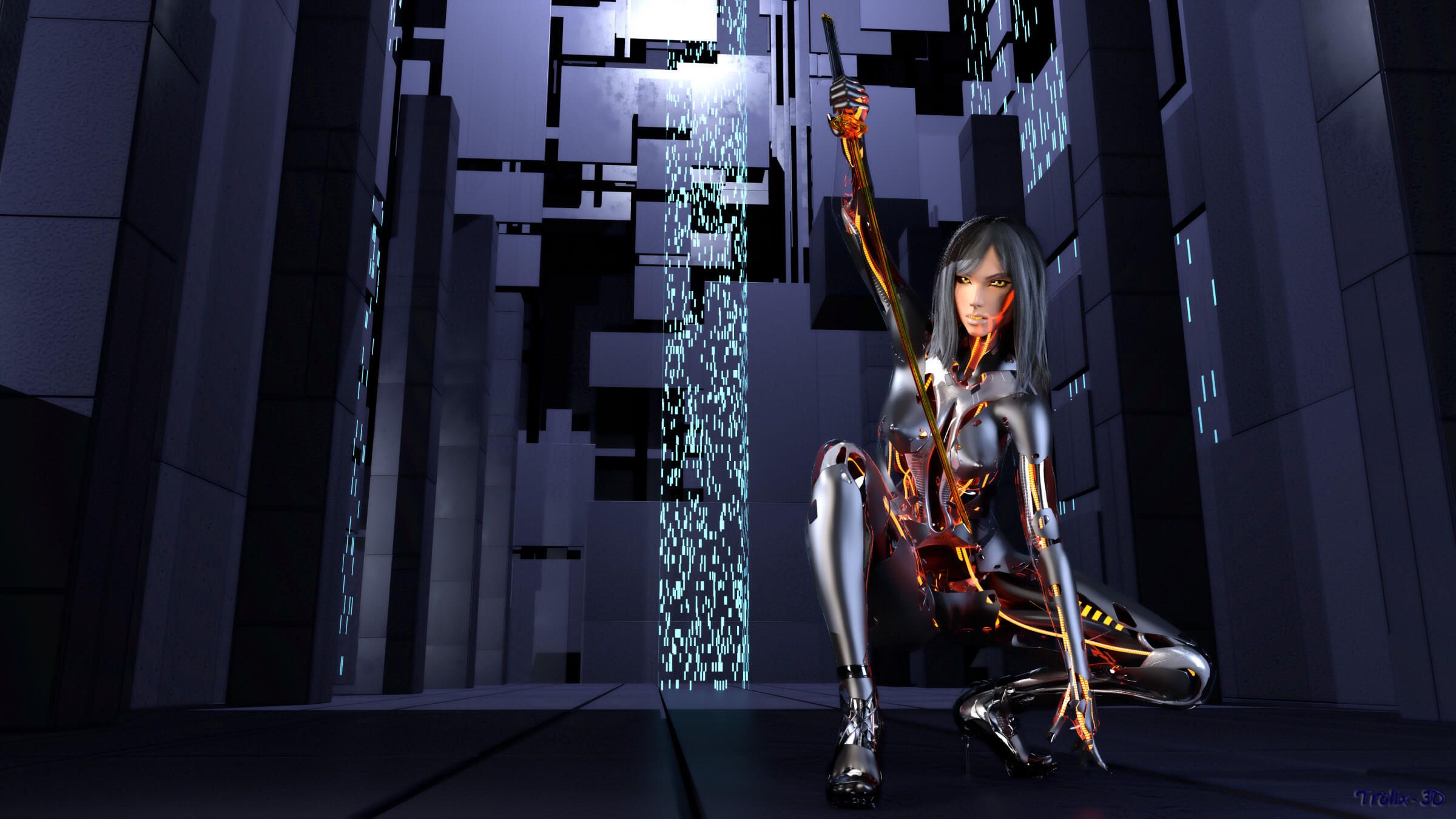 2400x1350 Cyborg Girl (Wallpaper 4K) 3D Render, Digital Art