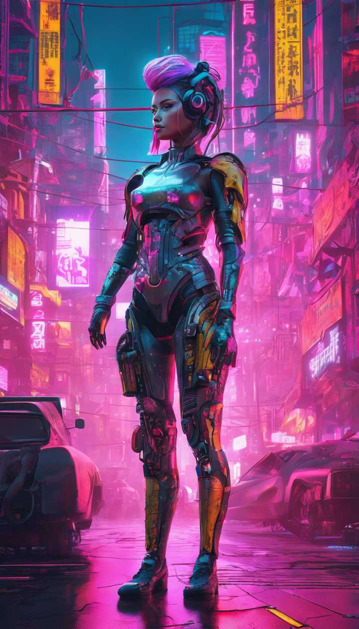 720x1260 A cyborg woman in futuristic attire, standing amidst neon billboards in a gritty cyberpunk metropolis. Wallpaper [e11018a520cb45a1a4e3]