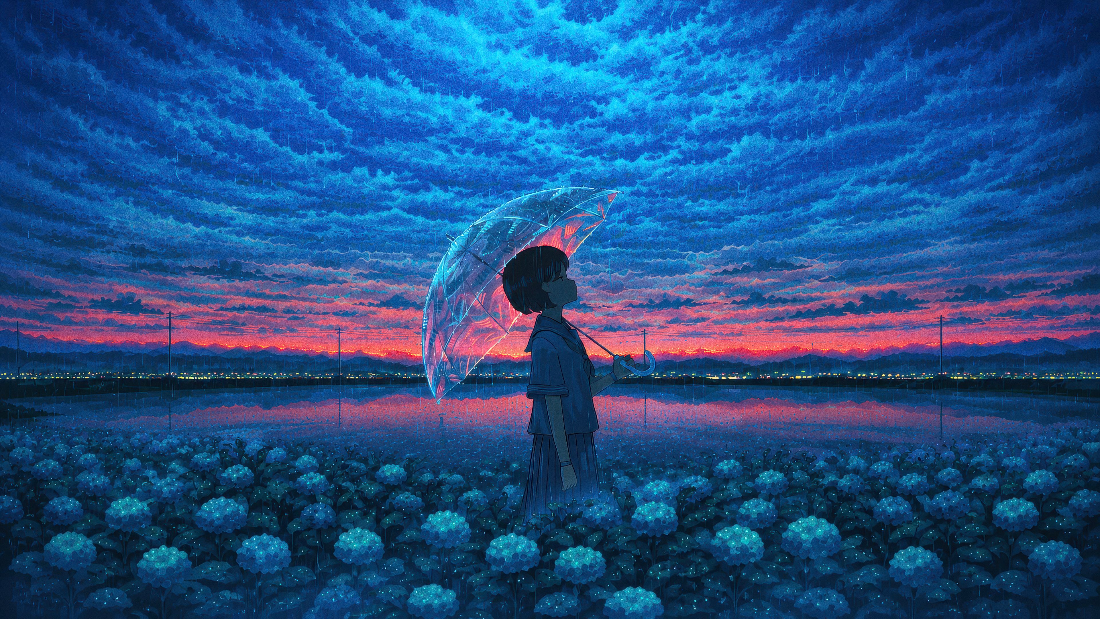 3840x2161 Anime Girl Holding Umbrella Blue Flower Field Rain Wallpaper, HD Artist Wallpaper, 4k Wallpaper, Image, Background, Photos and Picture