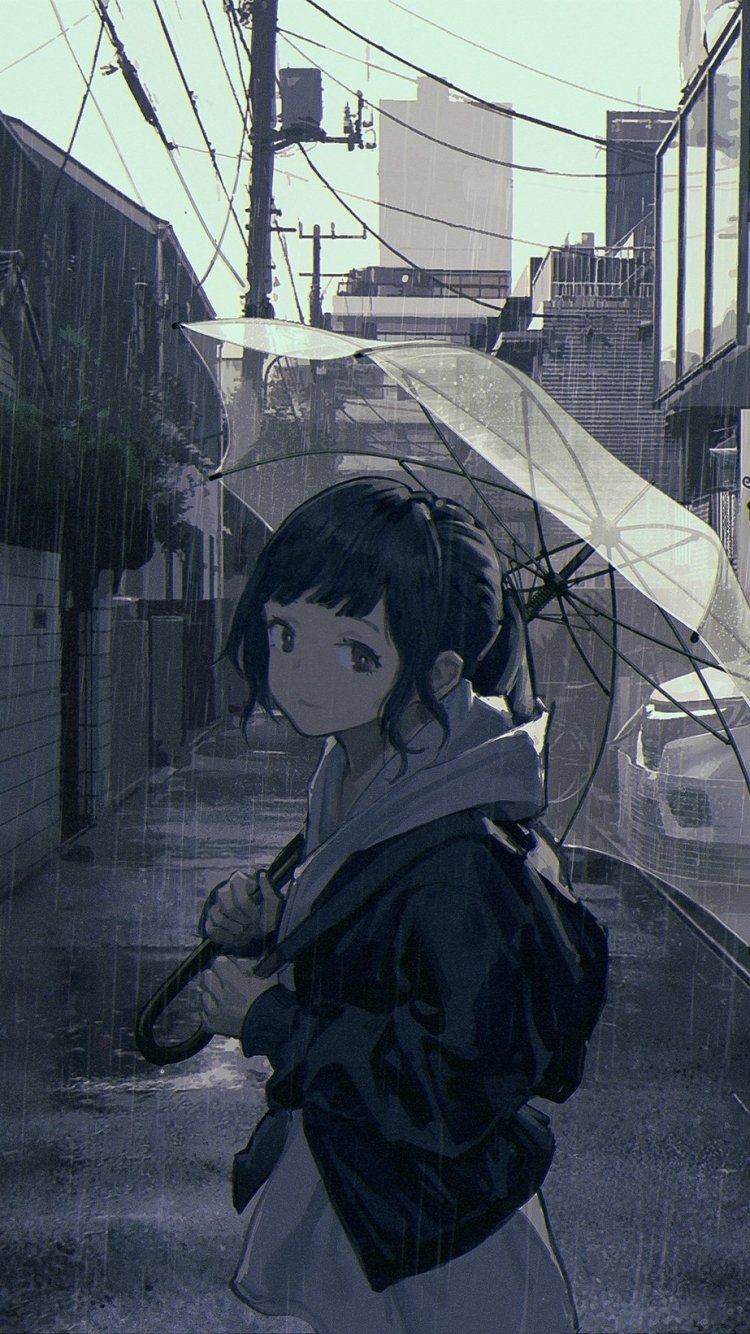 750x1334 Rainy Day Reflections: Anime Girl with Clear Umbrella Wallpaper