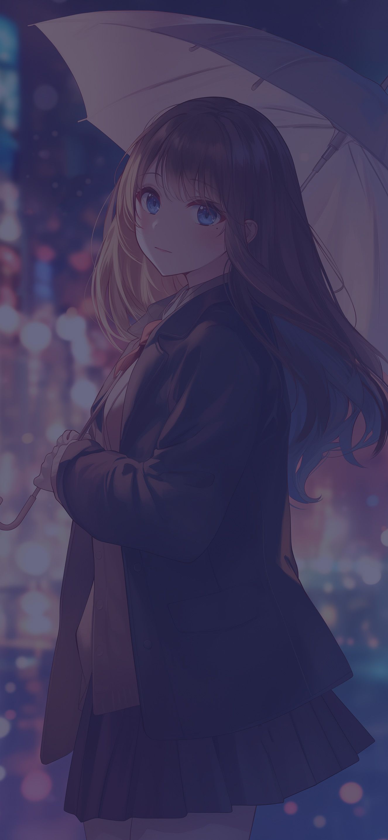 1326x2868 Anime Girl Umbrella City Lights Aesthetic Wallpaper