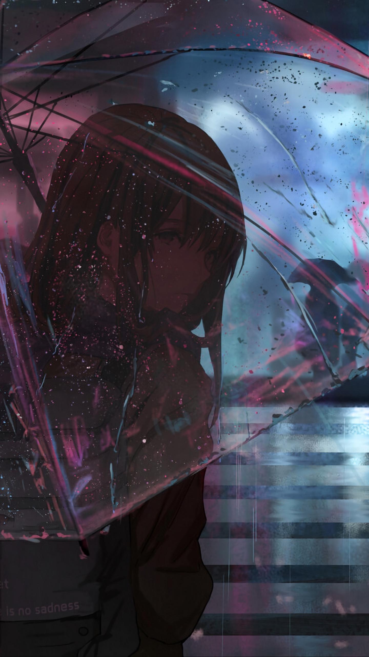 1440x2560 Anime Rain Girl Umbrella Wallpaper